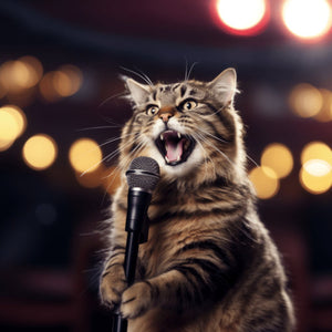 funny cat telling jokes on stage in microphone 