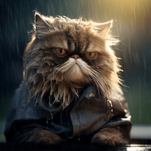 a grumpy cat standing in the rain dressed in rain coat 