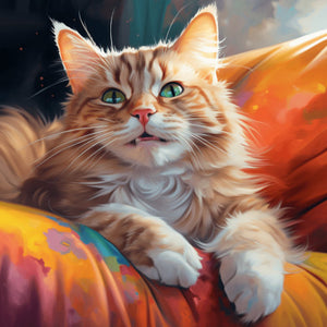 happy purring cat lying on colourful couch