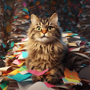 smiling cat sitting on huge stack of coloured paper